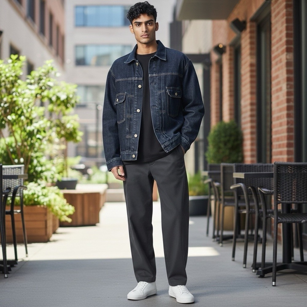 UNIQLO Men's Large Denim Trucker Jacket Dark Wash Front Pleated Detail